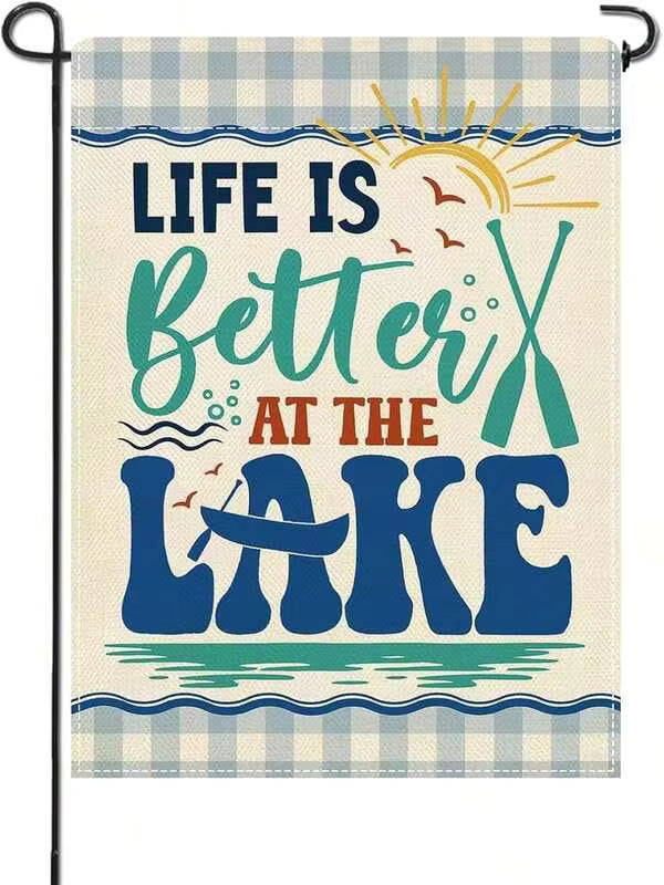 Artofy Life Is Better At The Lake Small Decorative Garden Flag, Lakehouse Blue Buffalo Plaid Yard Lawn Outside Decor, Lakeside Boat Paddle Sunshine Burlap Outdoor Home Decoration Double Sided 12 X 18