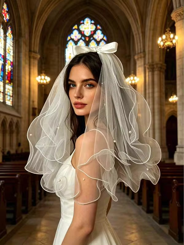 1pc White Short Wedding Veil, Pearl Bridal Veil, Bridal Veil, Bachelorette Party Veil, Bridal And Bridesmaid Veil, Bachelorette Party Veil, White Butterfly Wedding Veil, Bridal Veil Hair Clip, Elegant Tulle Layer Hair Clip, Suitable For Women And Girls